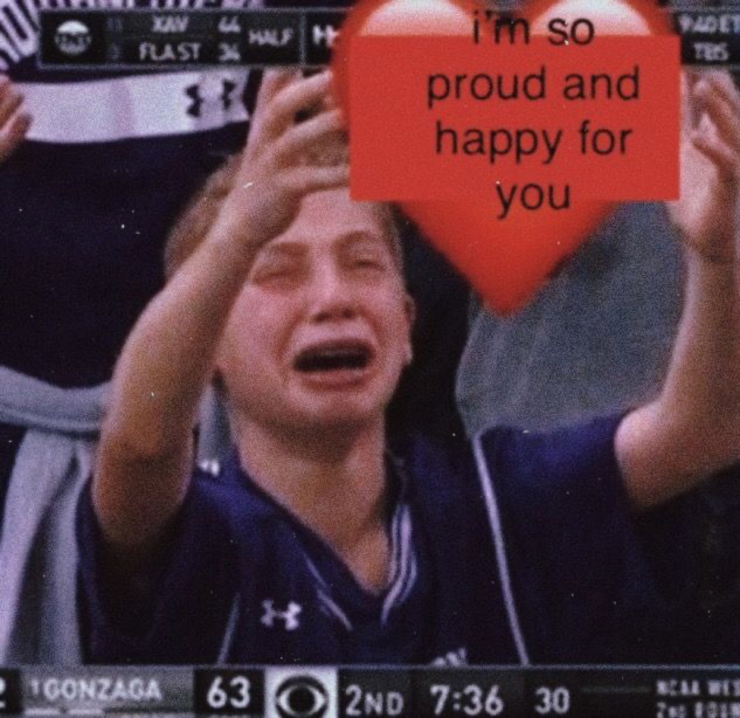 Sobbing basketball fan with a heart emoji captioned 'i'm so proud and happy for you'