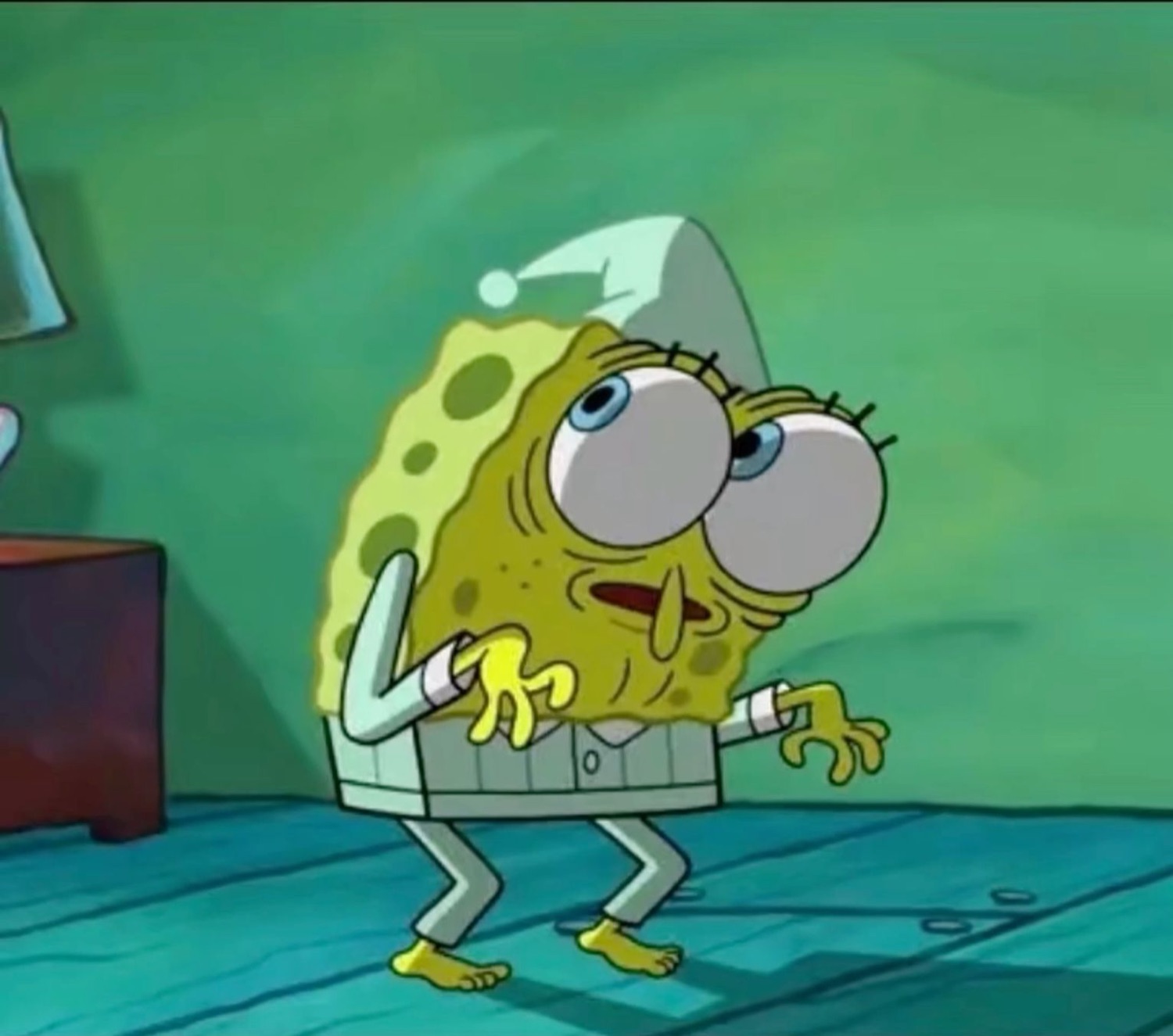 Old, decrepit SpongeBob in pajamas shuffling around with wide terrified eyes