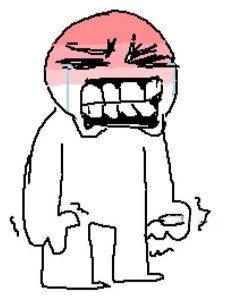Rage guy troll face with tears streaming, teeth bared and fists clenched in pure fury