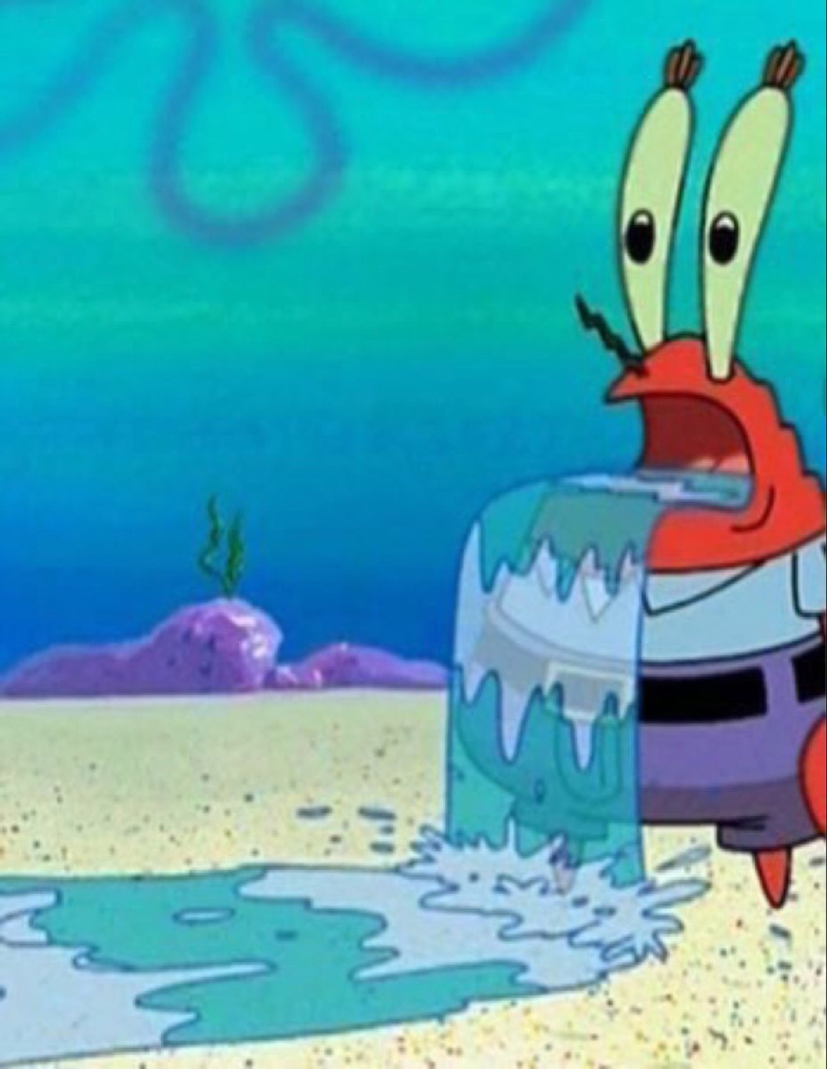 Blurry confused Mr. Krabs from SpongeBob looking dazed on the ocean floor