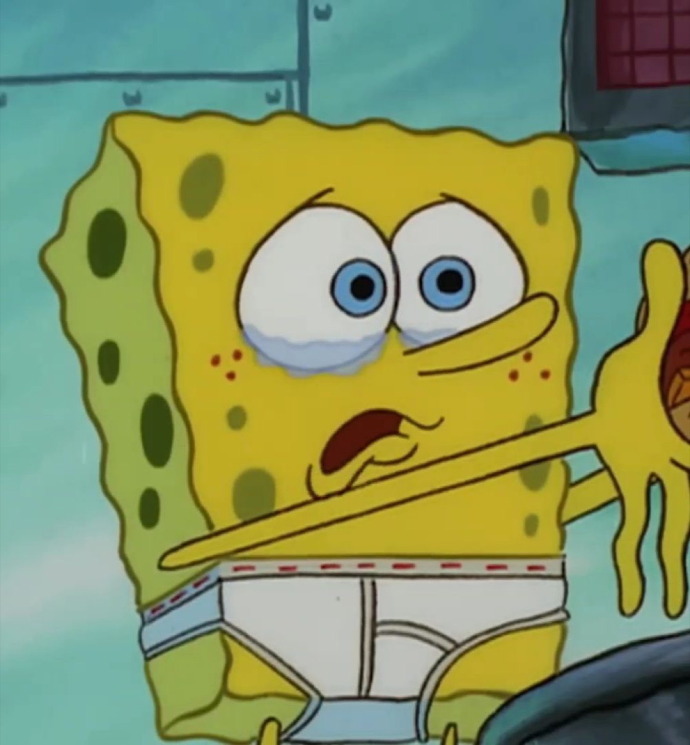 SpongeBob with melting face and wide eyes, mid-breakdown in his underwear