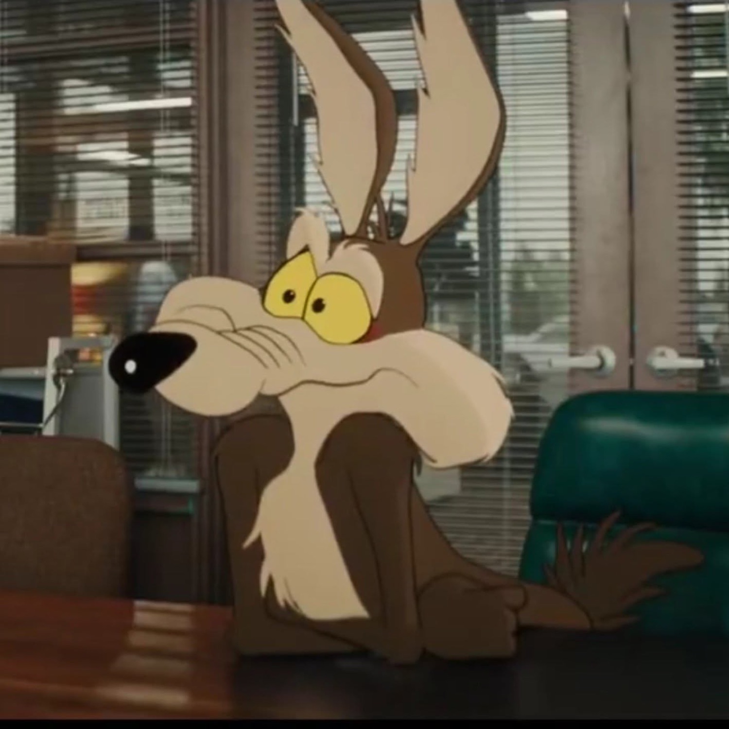 Wile E. Coyote sitting at a desk looking completely terrified and on edge