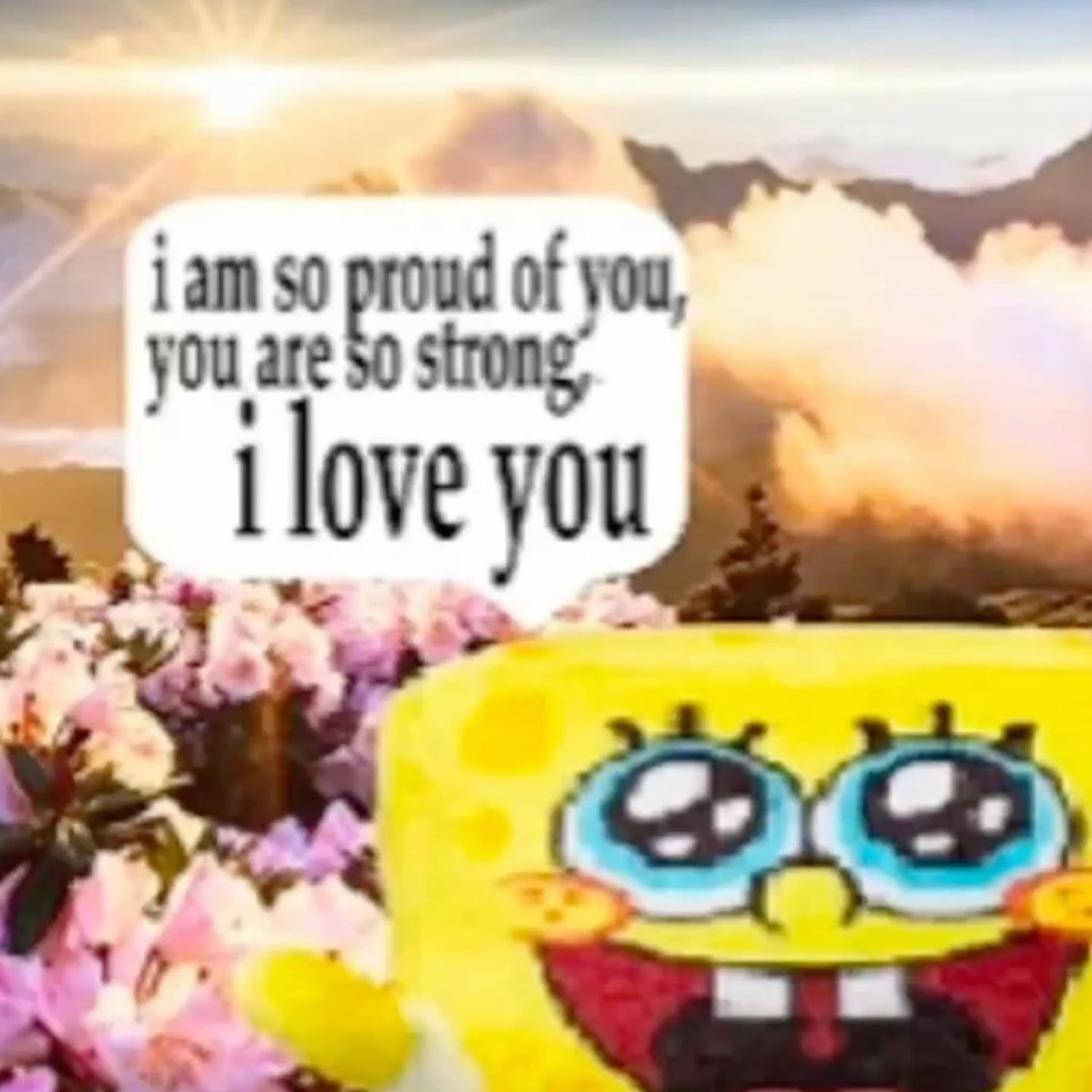 Teary-eyed SpongeBob on a sunset flower background saying 'i am so proud of you, i love you'