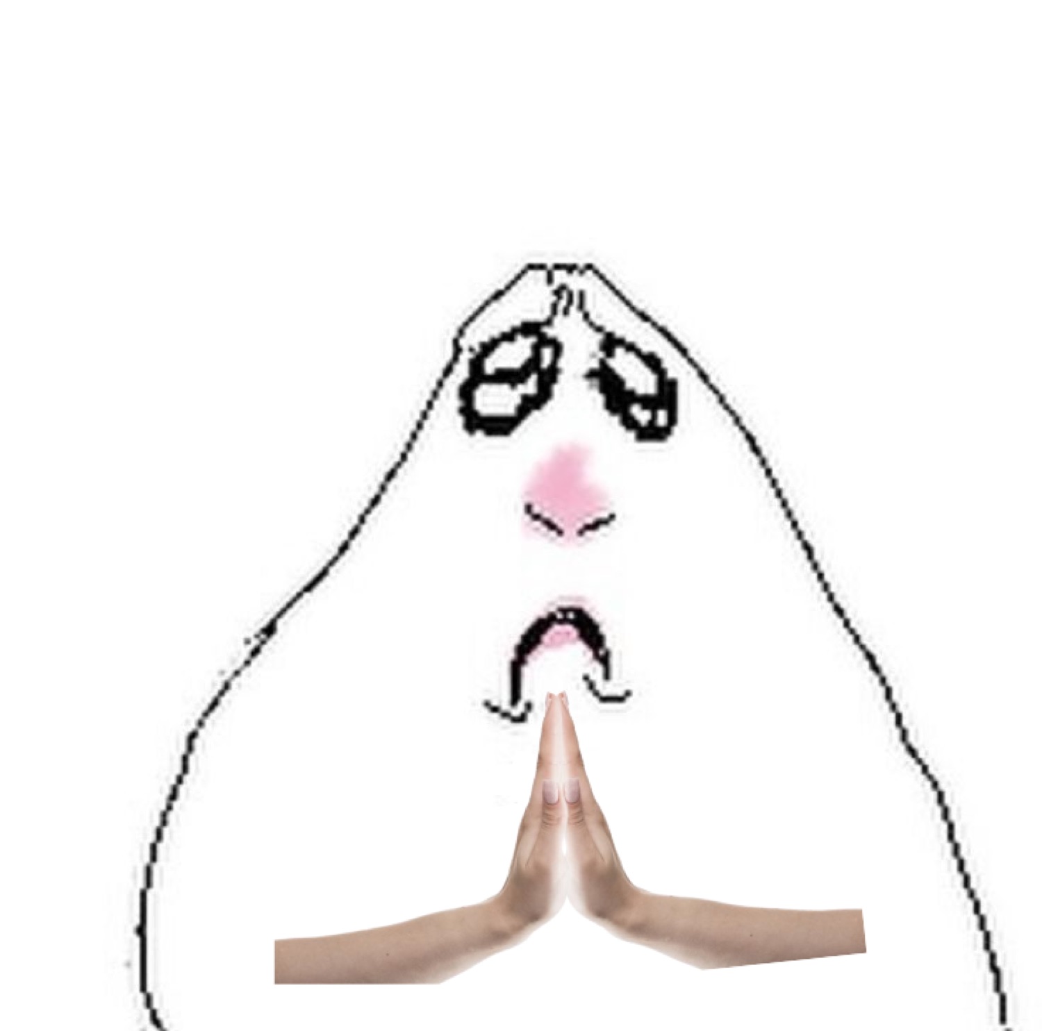 Cartoon blob character with sad puppy eyes pressing hands together in a begging gesture