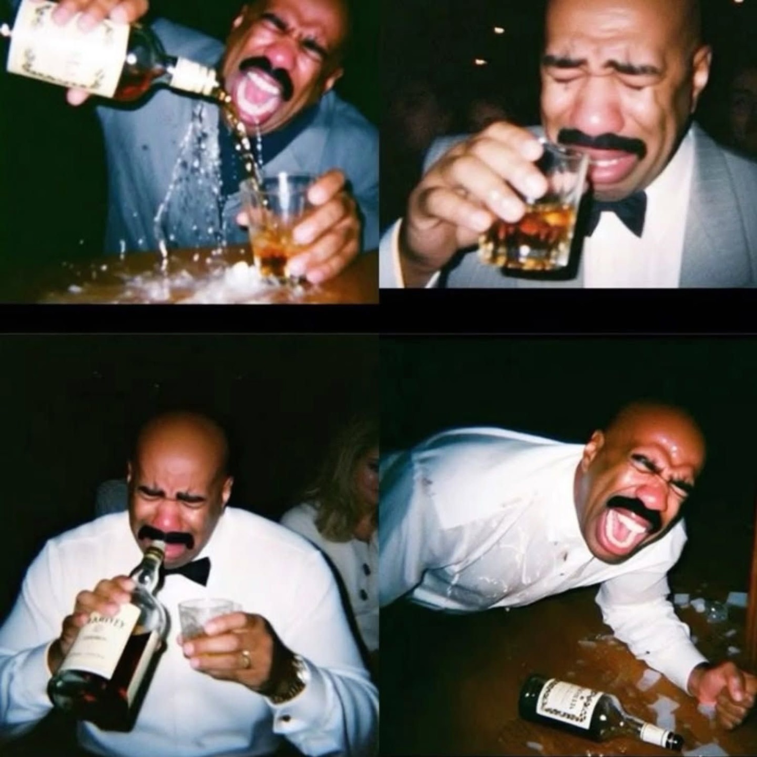 Four-panel of a bawling man in a tux sloppily pouring and downing whiskey