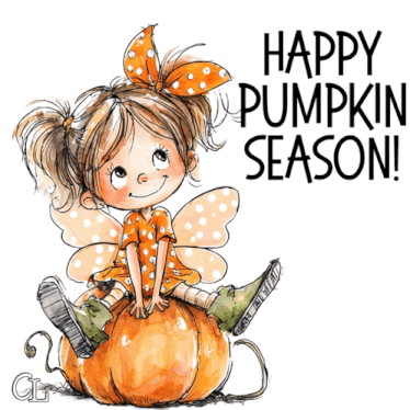 Fairy girl sitting on a pumpkin, "Happy pumpkin season!"