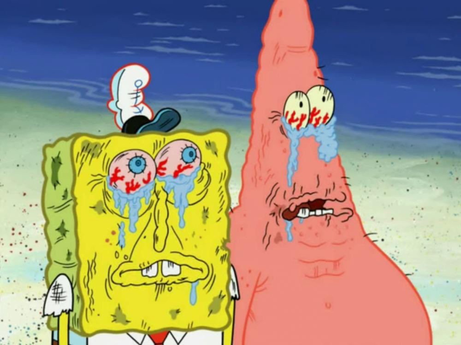 SpongeBob and Patrick sobbing with bloodshot eyes and streaming tears