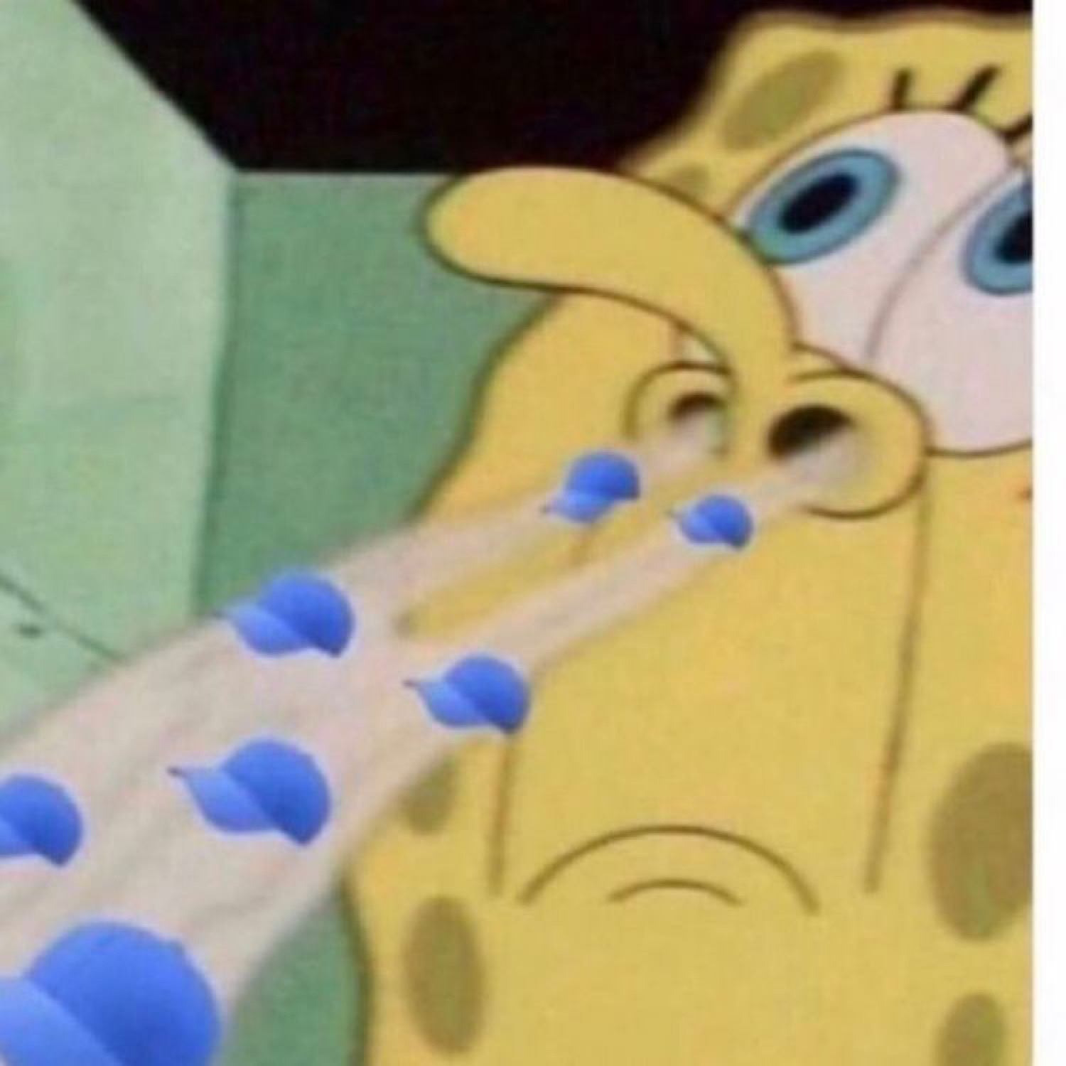 SpongeBob ugly-crying with blue tears jetting sideways out of his eyes