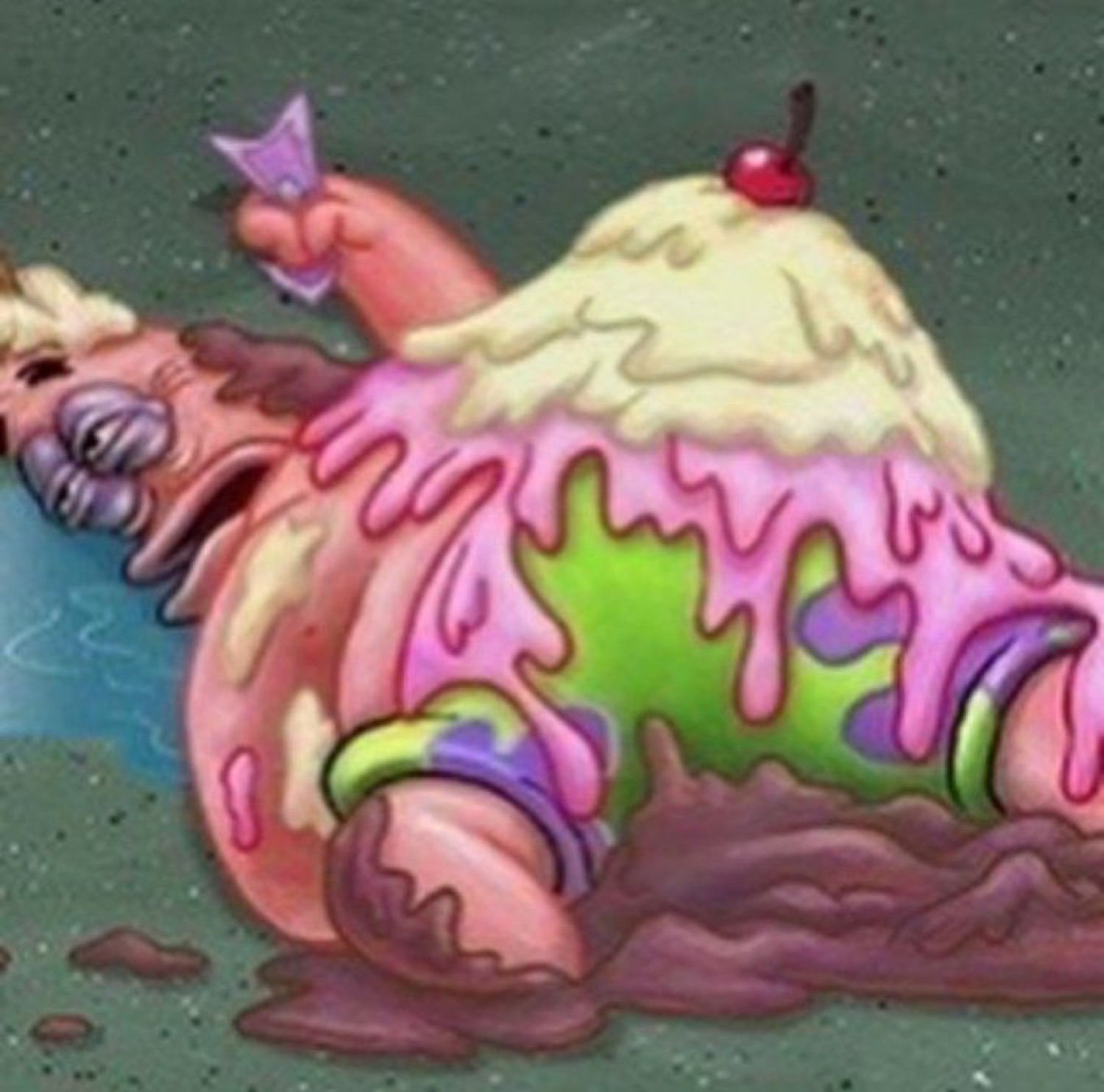Patrick Star sprawled out covered in melted sundae, ice cream and a cherry on top