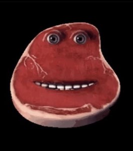 A slab of raw steak with a human face grinning smugly against a black background