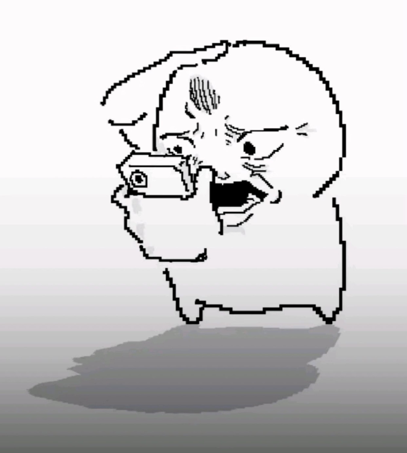 Pixelated rage-comic wojak face holding a gun to its own head mid-scream