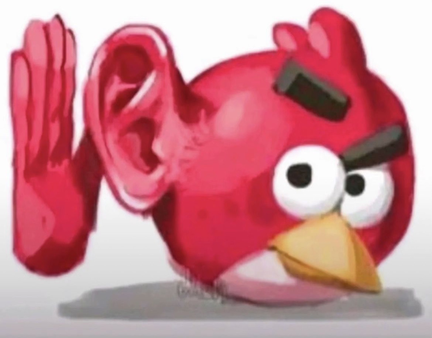 Angry Birds red bird cupping a giant ear, leaning in to eavesdrop