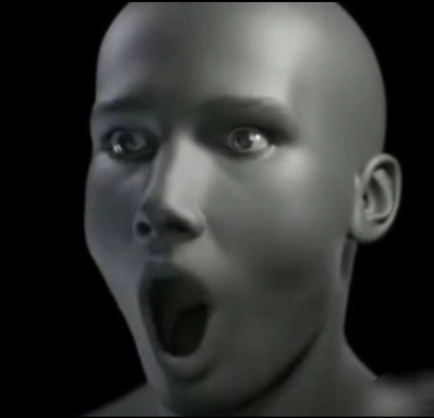 Gray 3D rendered head with mouth open in a stunned, wide-eyed gasp