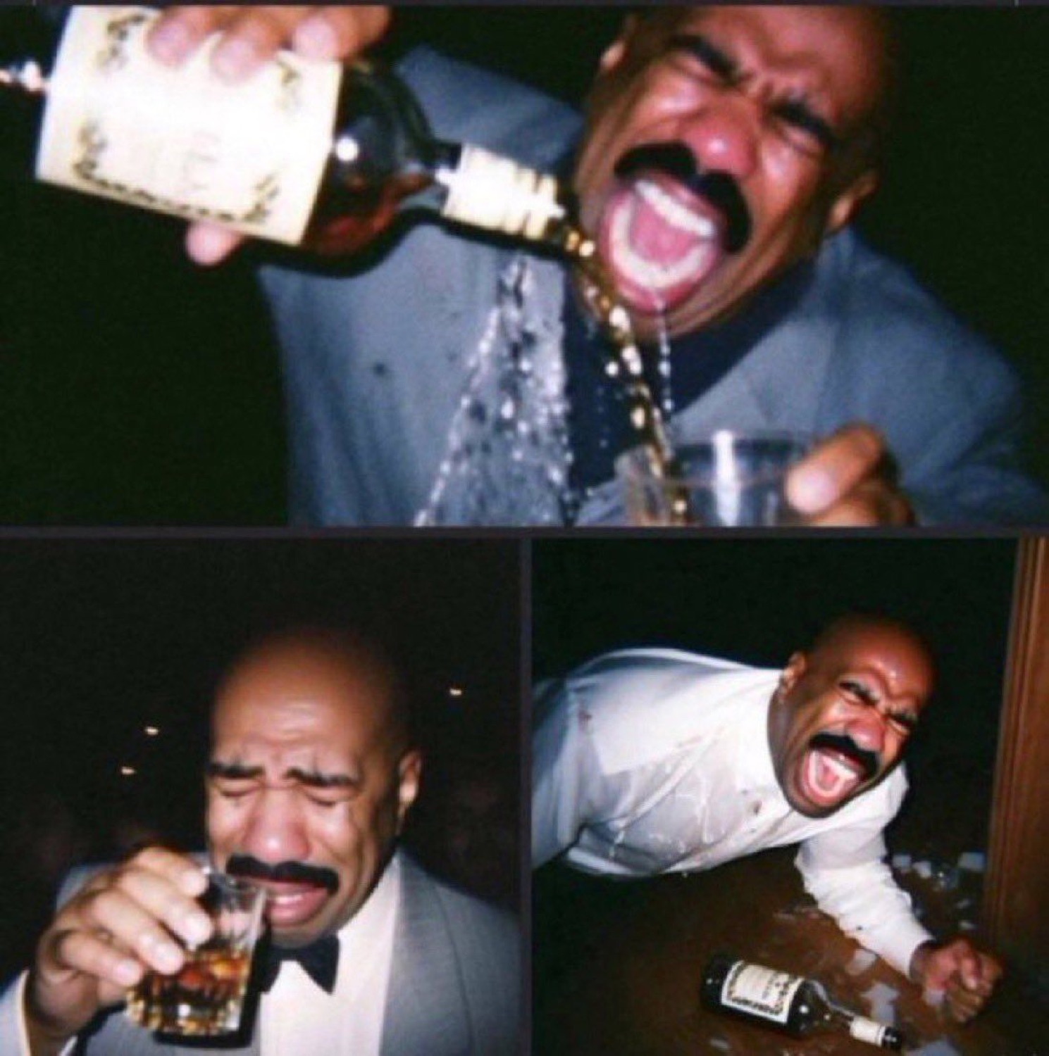 Steve Harvey collage: pouring liquor into his mouth and crying-laughing at the bar
