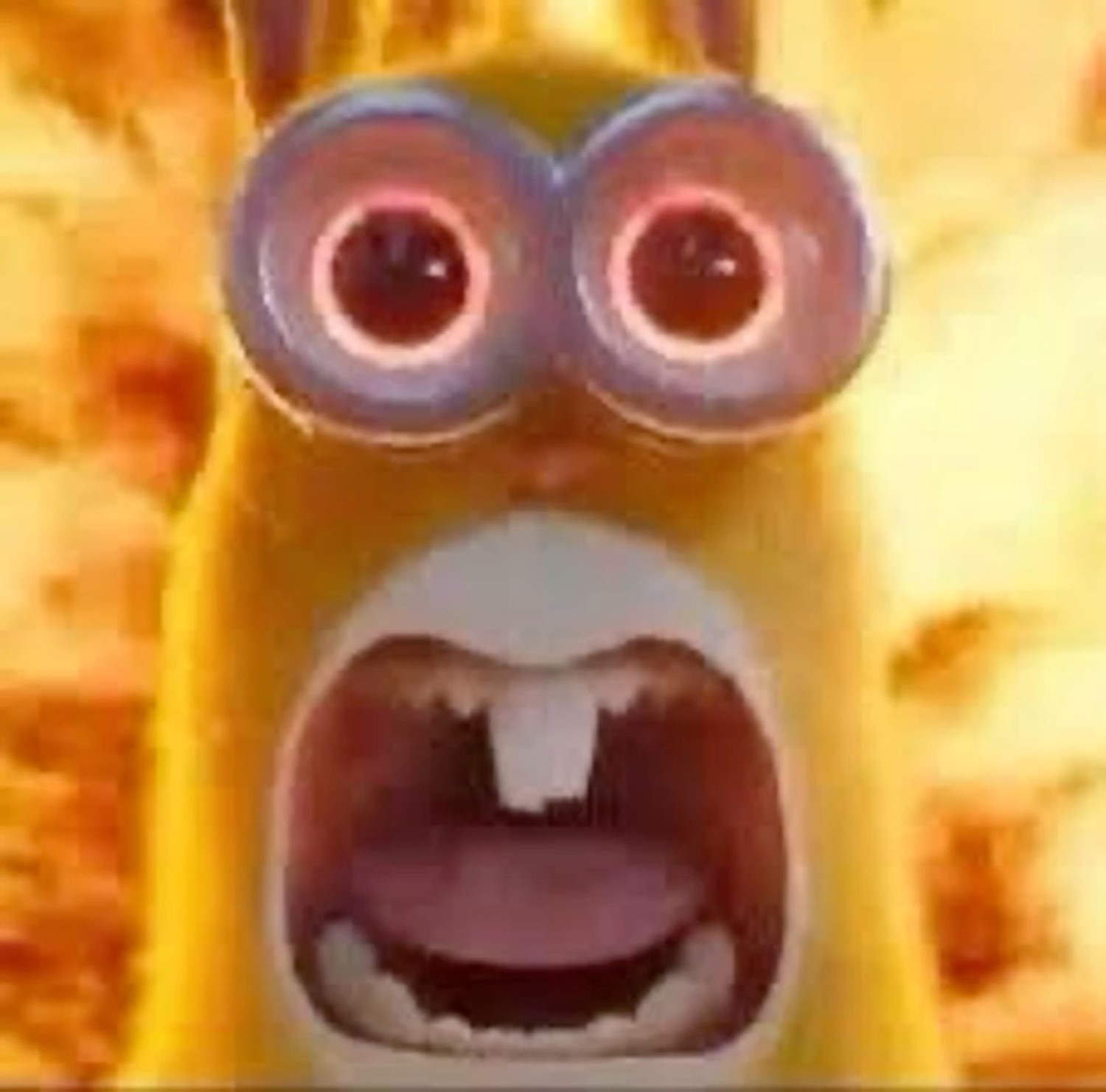 Minion with wide bloodshot eyes screaming in terror against a fiery background