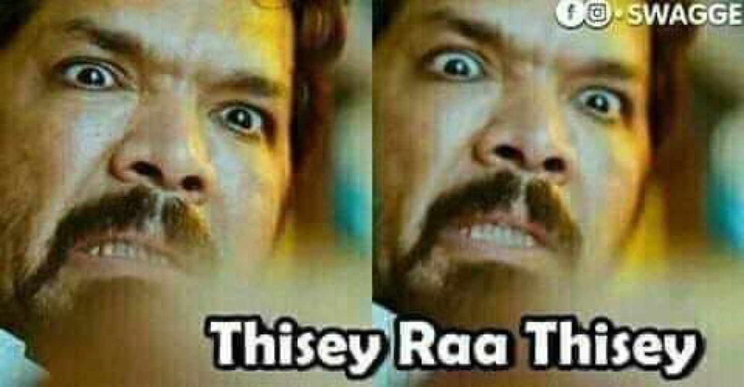 Two panels of a man glaring with bulging eyes: 'Thisey Raa Thisey' (take it off)
