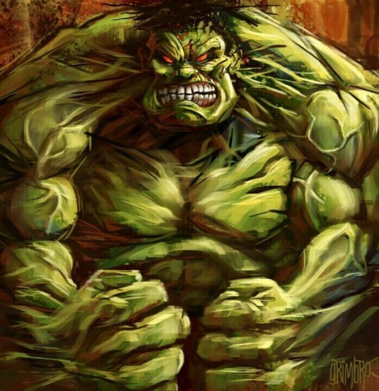 Hulk fan art with glowing red eyes, teeth bared, fists clenched in pure rage
