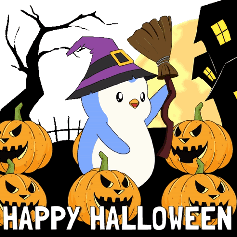 Penguin in a witch hat on a broom among pumpkins, "Happy Halloween"