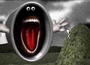 Surreal grey creature with a gaping mouth screaming across a bleak hillside