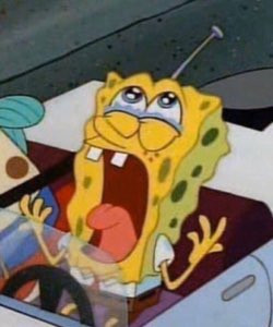 SpongeBob driving in full meltdown mode, mouth agape and eyes welling up
