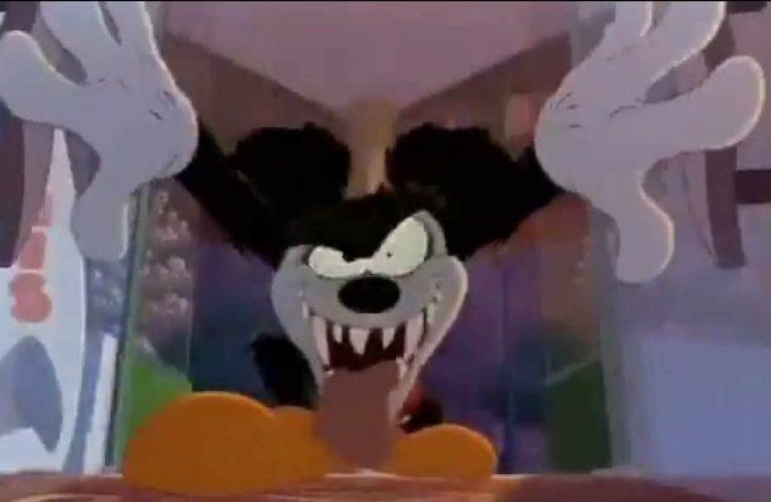 Classic cartoon wolf bursting through a door with fangs bared in rage