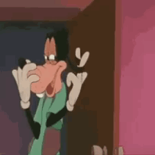 Cartoon character in a doorway giggling shyly behind his hands