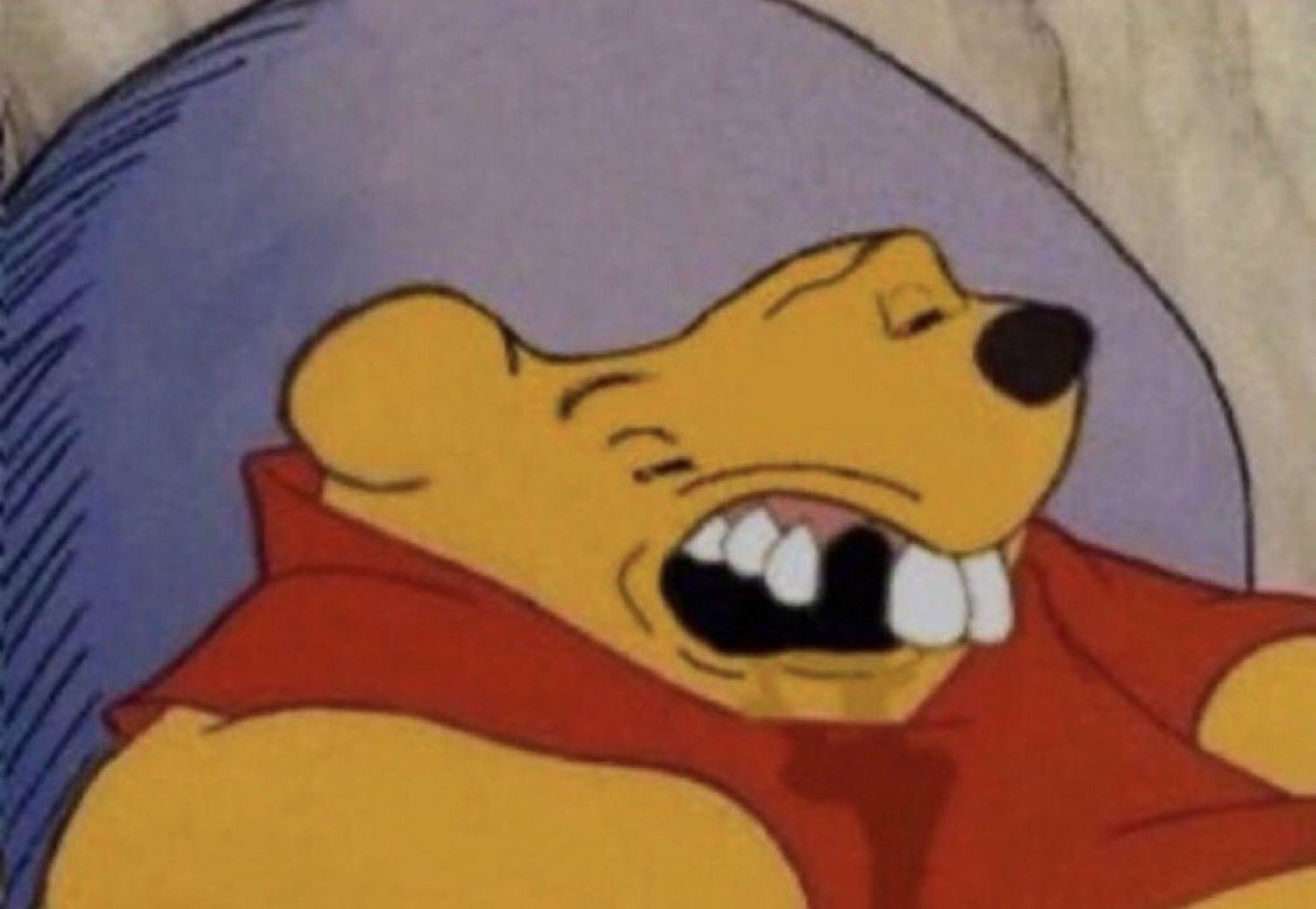 Winnie the Pooh in full cackle mode, teeth bared and head tilted back