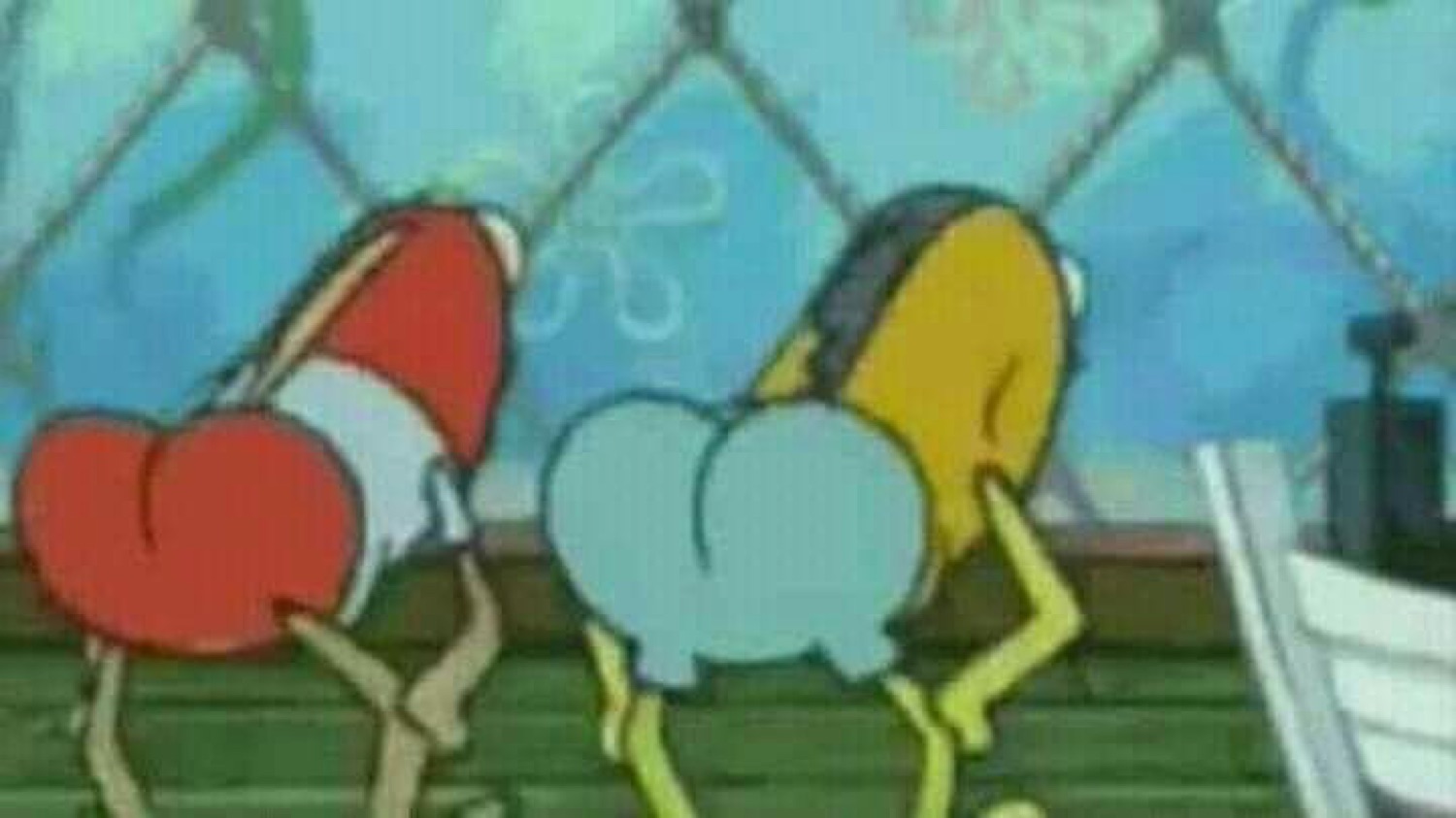 Mr. Krabs and Squidward bent over twerking together