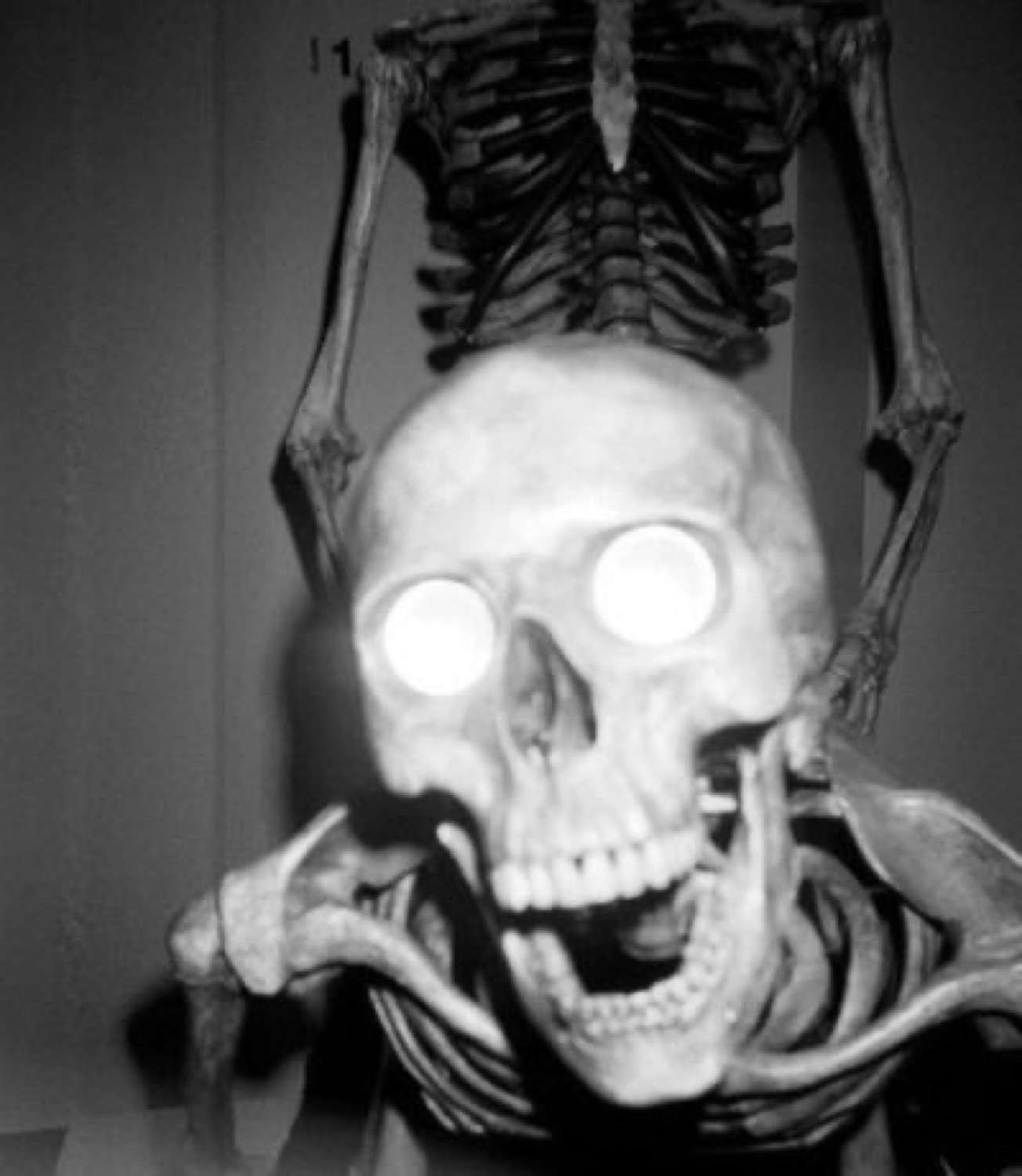 Skeleton with glowing white eyes laughing in black and white