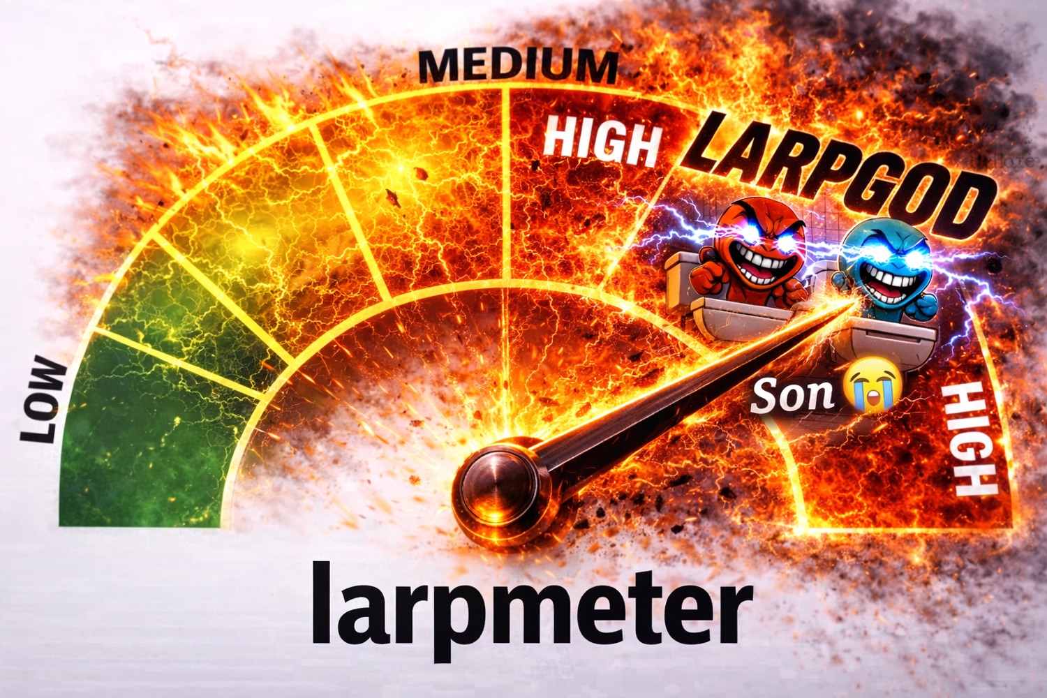 Fiery gauge with the needle in the red: 'larpmeter' reading LARPGOD