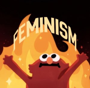 Elmo with his arms up in a sea of flames: 'FEMINISM'
