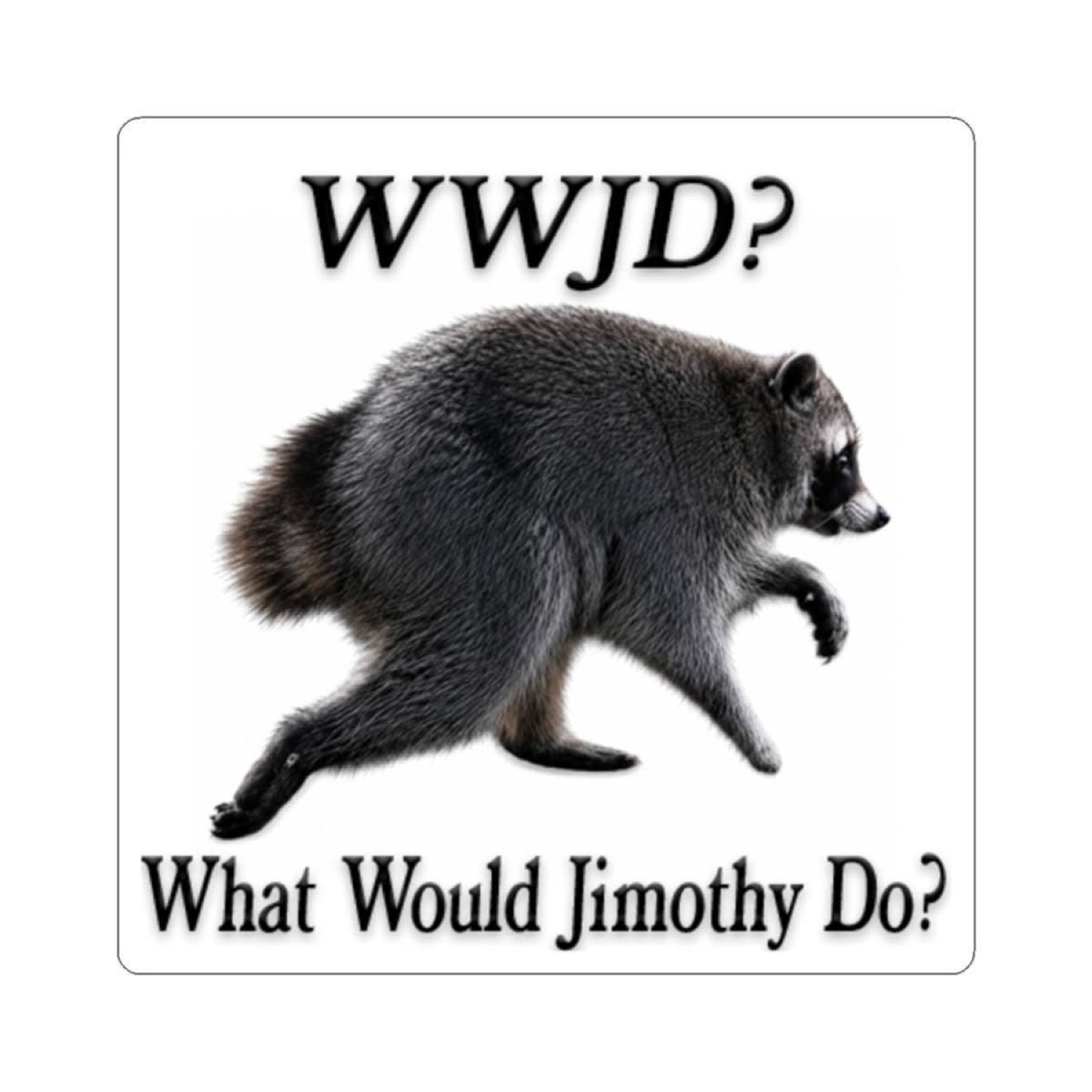 Sticker of Jimothy the raccoon scurrying under 'WWJD? What Would Jimothy Do?'