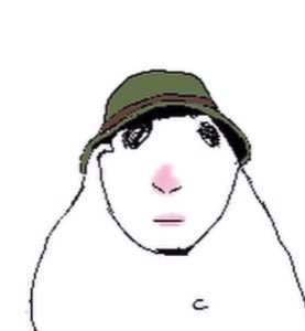 Cartoon rabbit meme wearing a bucket hat with a flat unimpressed expression
