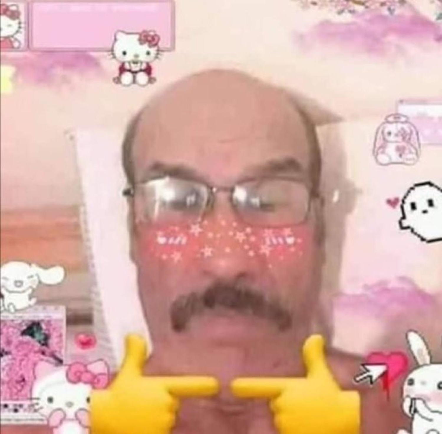Mustached older guy on webcam under a Hello Kitty sparkle filter, emoji hands poking together