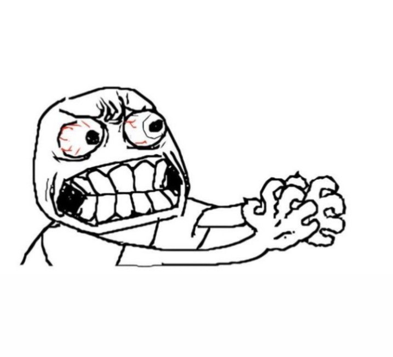 Scribbled rage-comic face with bulging eyes and gritted teeth, hands clenched in a frenzy