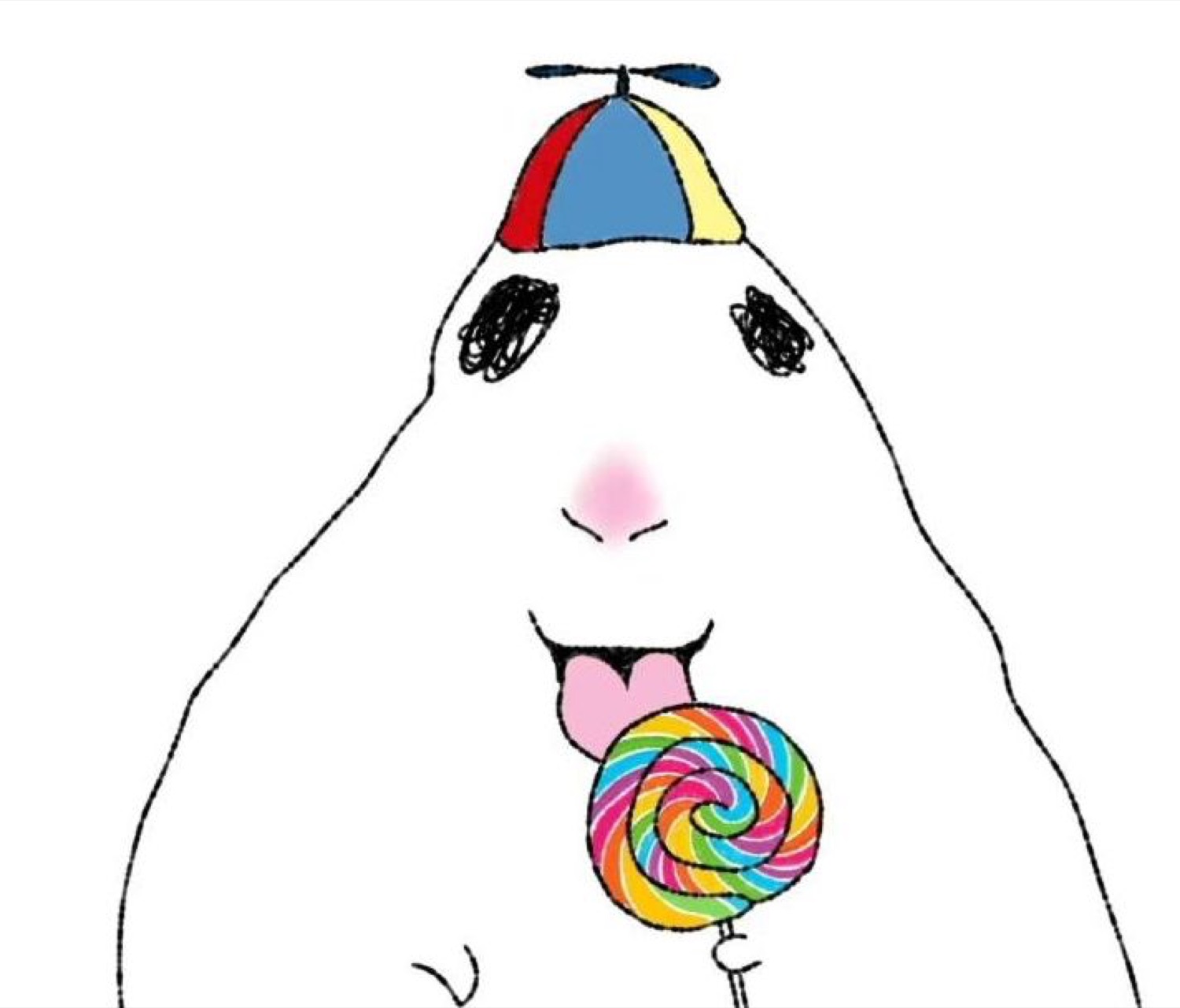 Line-drawn blob in a propeller beanie licking a rainbow lollipop
