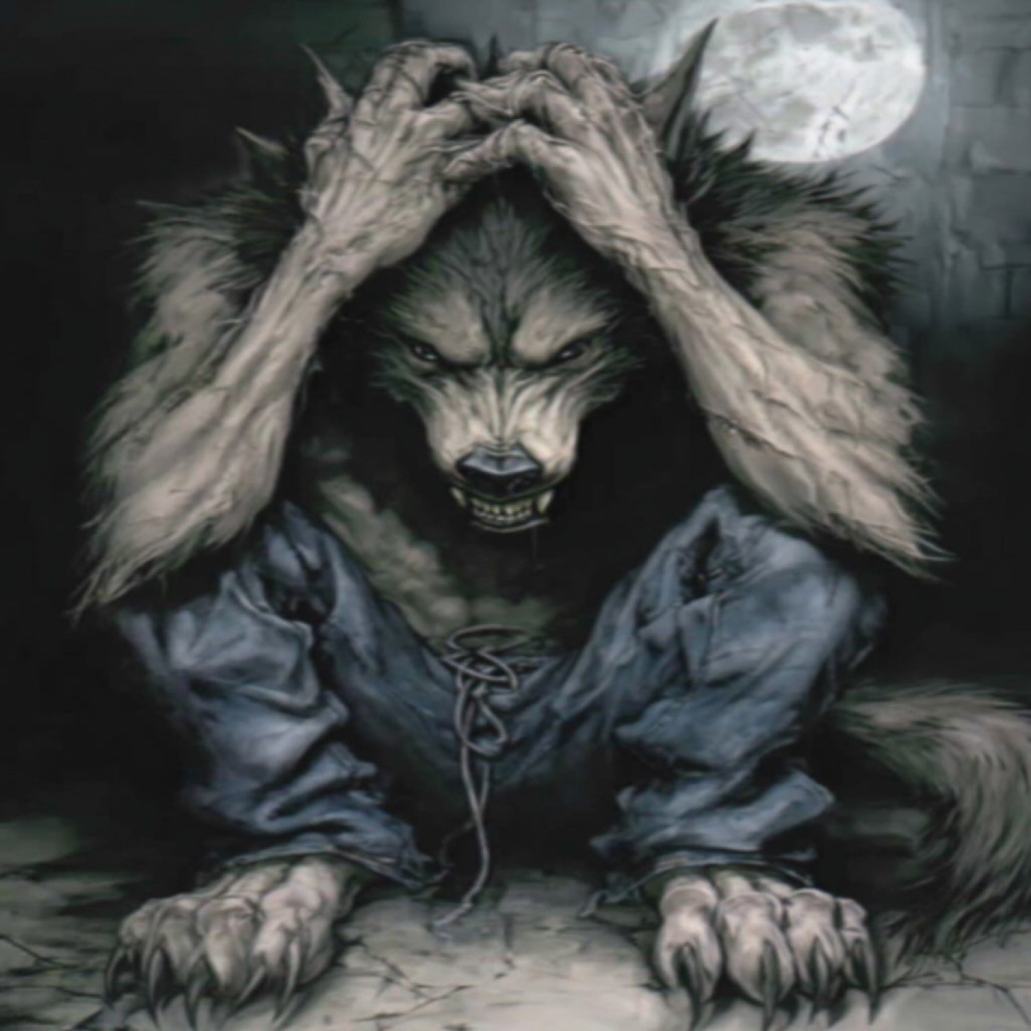 Illustrated werewolf clutching its head in its hands under a full moon, tormented