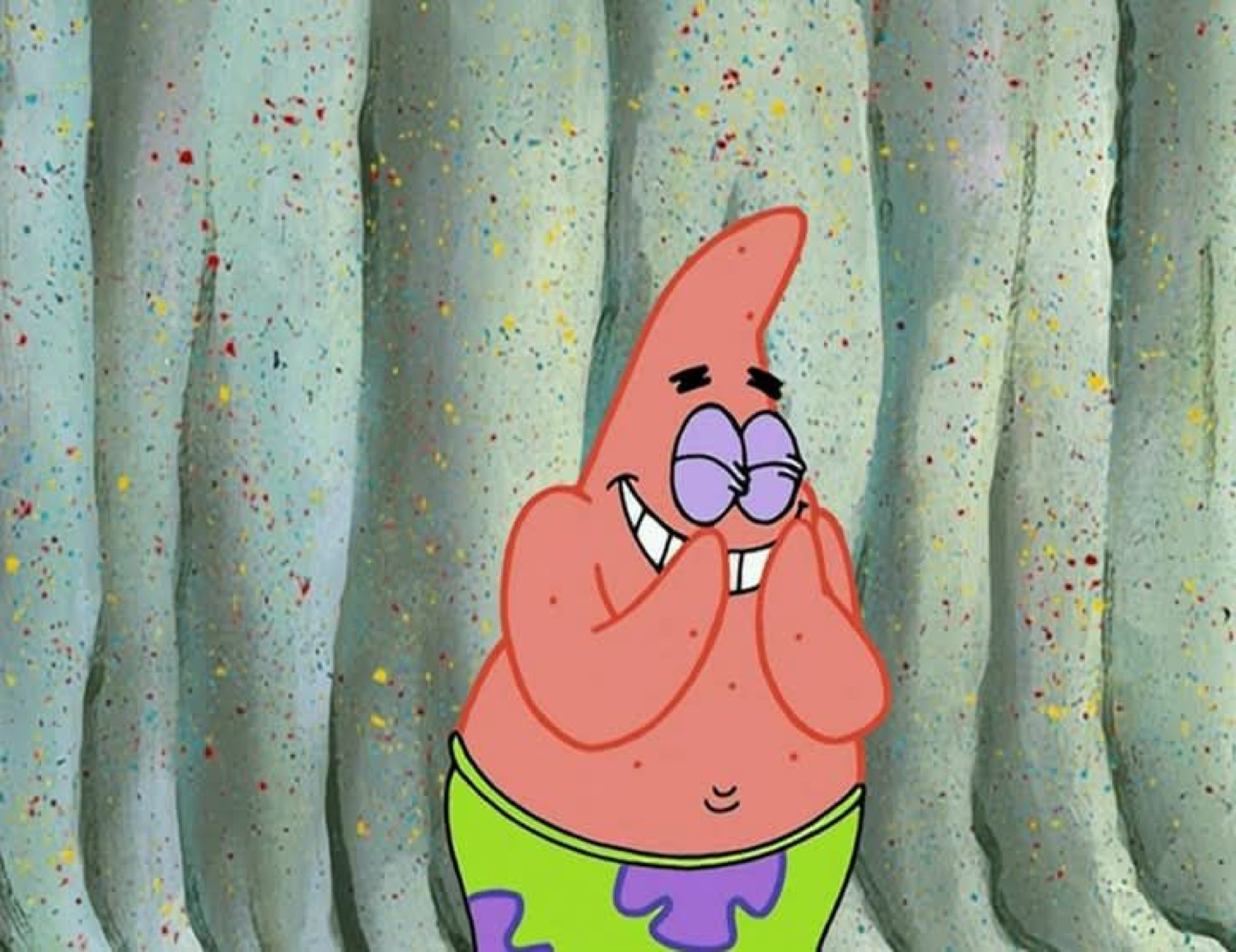 Patrick Star pressing his cheeks together with a sleazy grin and half-lidded eyes