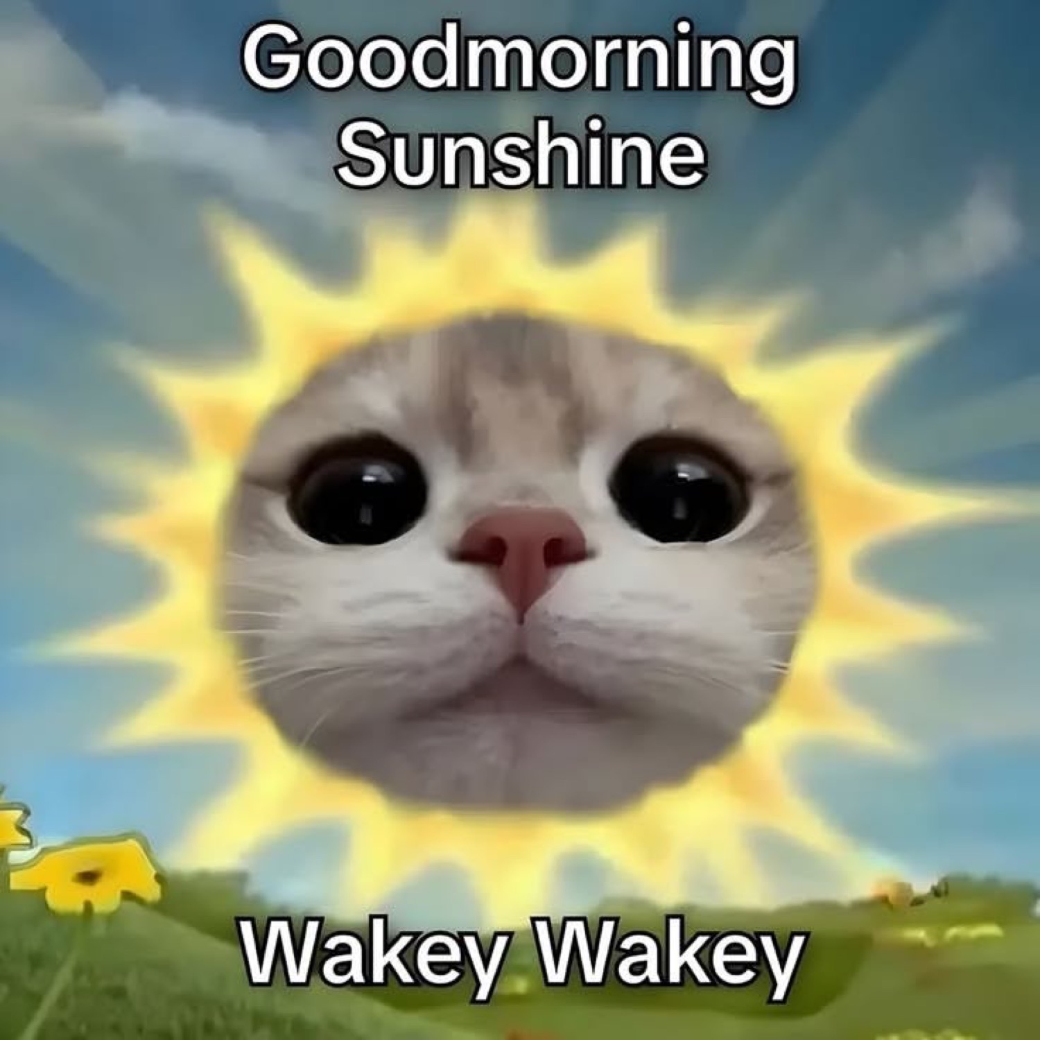Cat face as a sun over flowers: 'Goodmorning Sunshine / Wakey Wakey'
