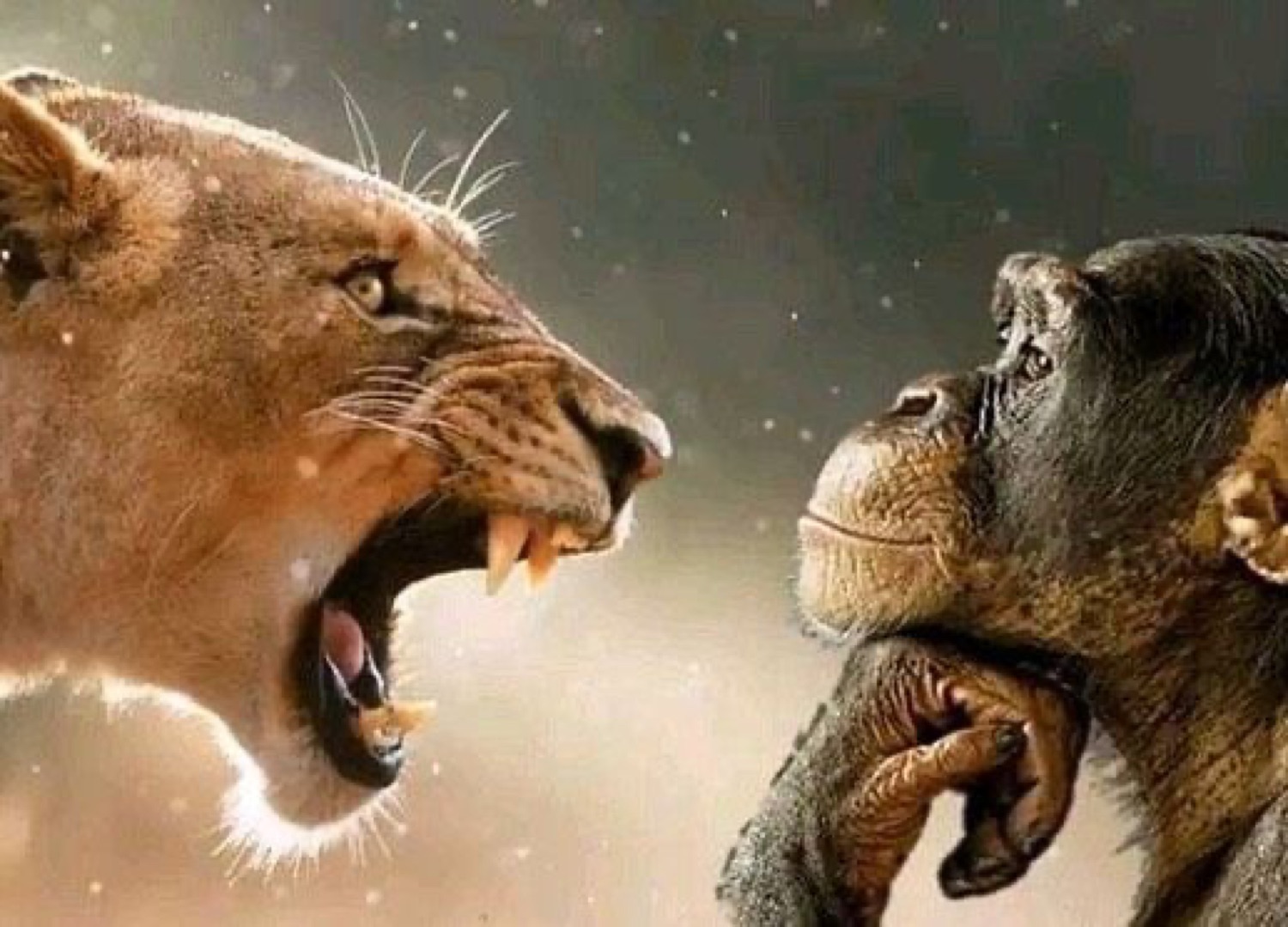 Roaring lioness face-to-face with an unfazed chimpanzee