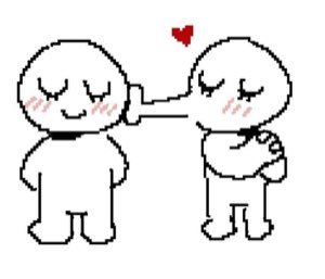 Two pixel art stick figures, one reaching to boop the other's cheek with a heart above
