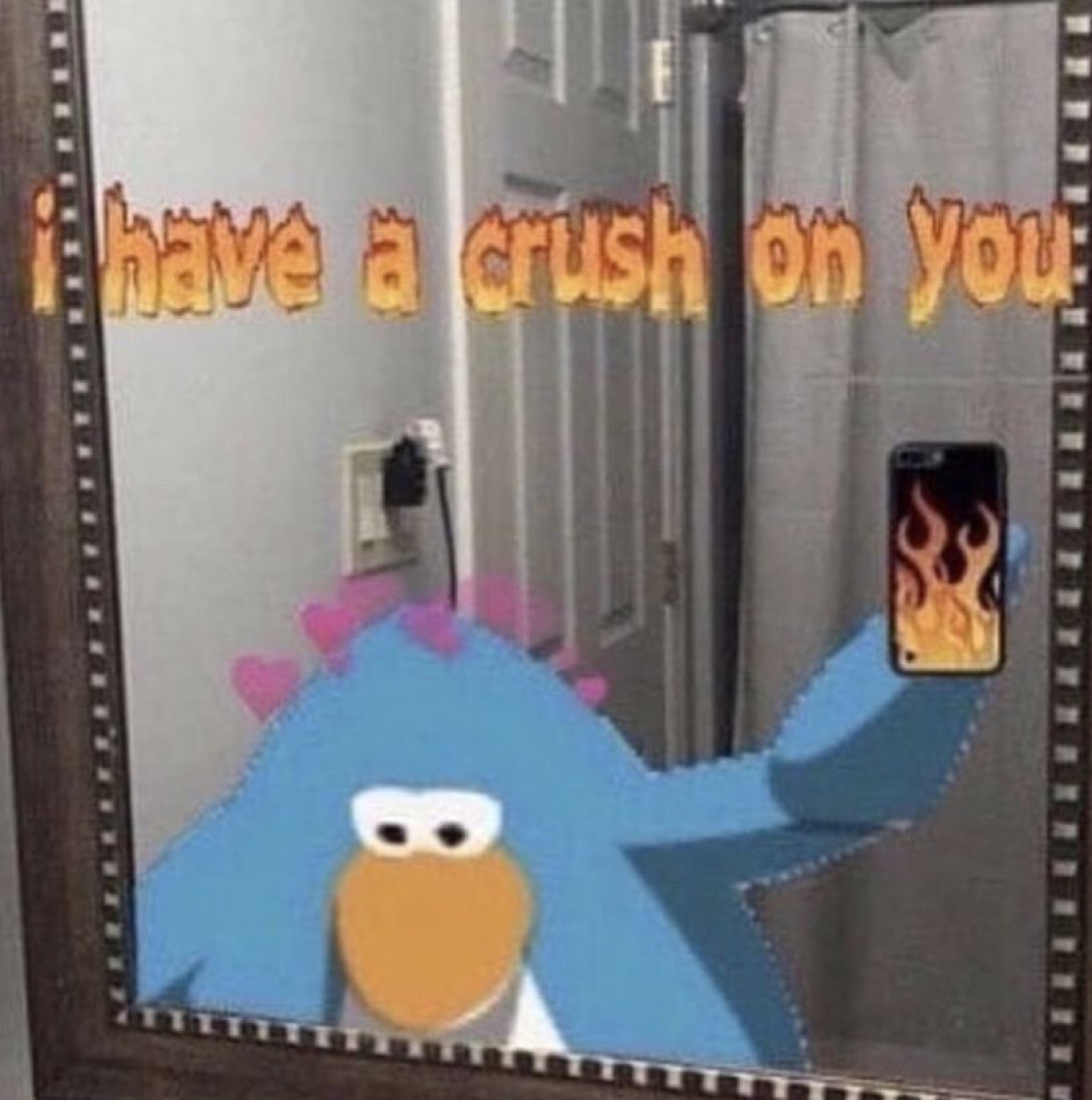 Blue cartoon dinosaur taking a selfie in a mirror with pink hearts, captioned 'i have a crush on you'
