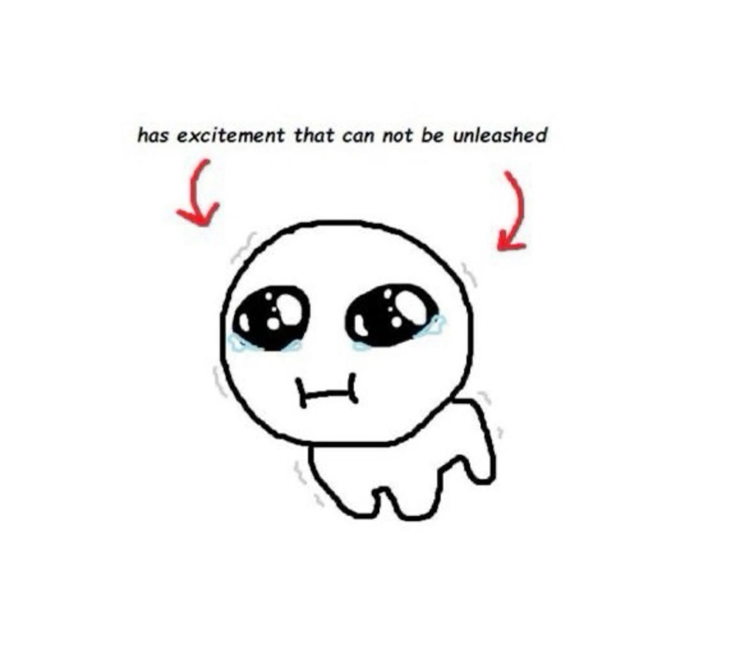 Cute cartoon blob creature vibrating with bottled-up excitement, tears in its big eyes