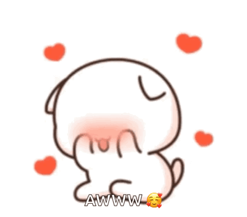 Cute cartoon cat blushing and covering its mouth surrounded by hearts