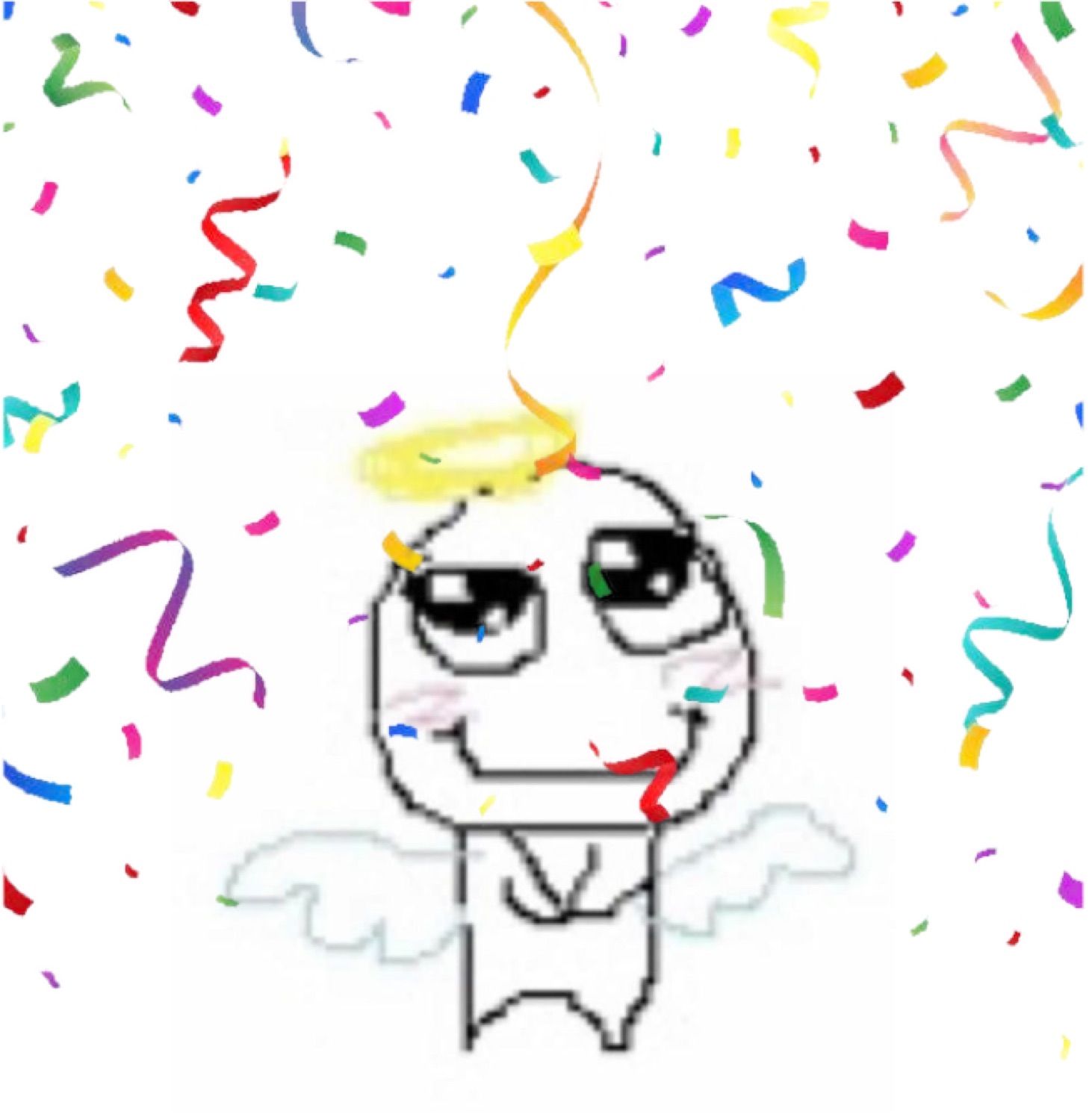 Blushing angel rage-comic face with a halo and wings amid falling confetti