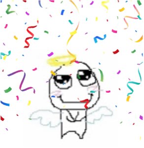 Blushing angel rage-comic face with a halo and wings amid falling confetti