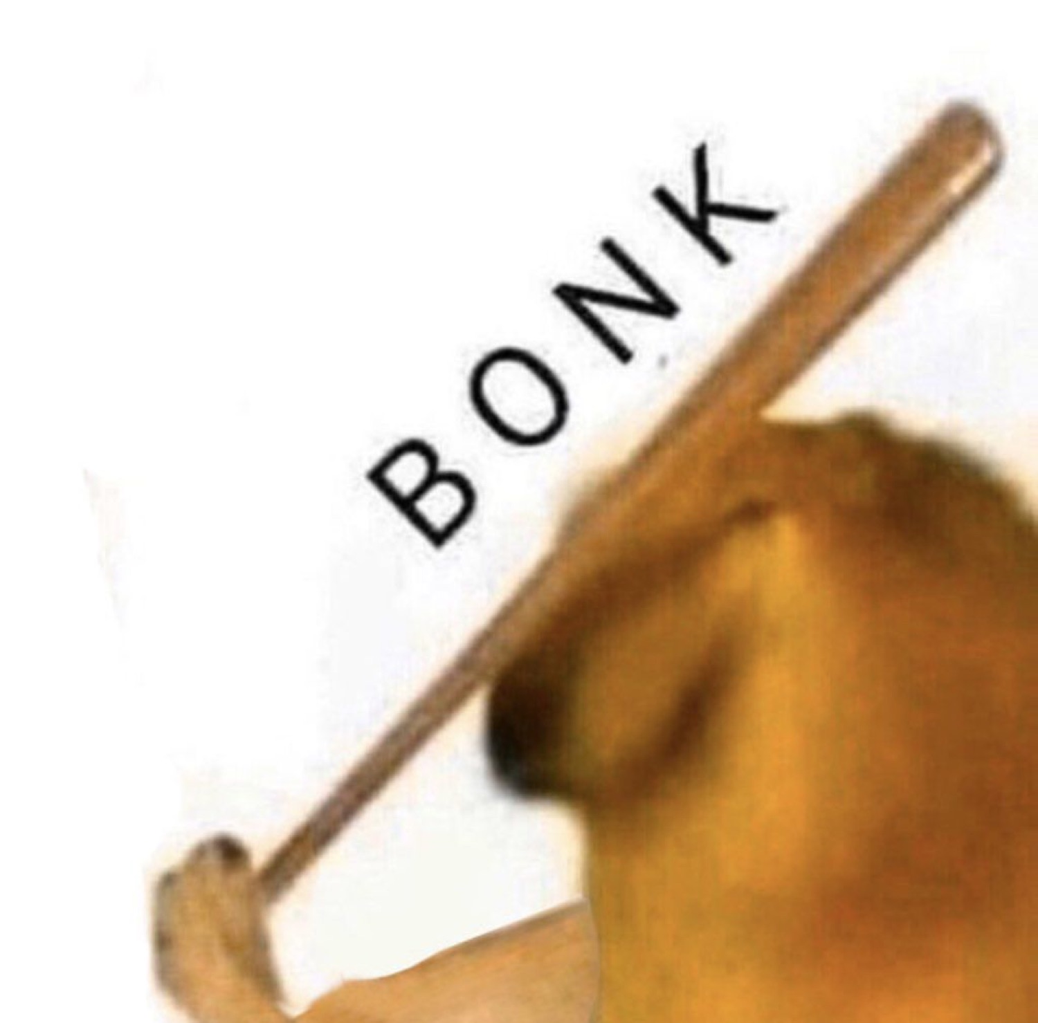 Close-up of cheems getting hit with a 'BONK' baseball bat