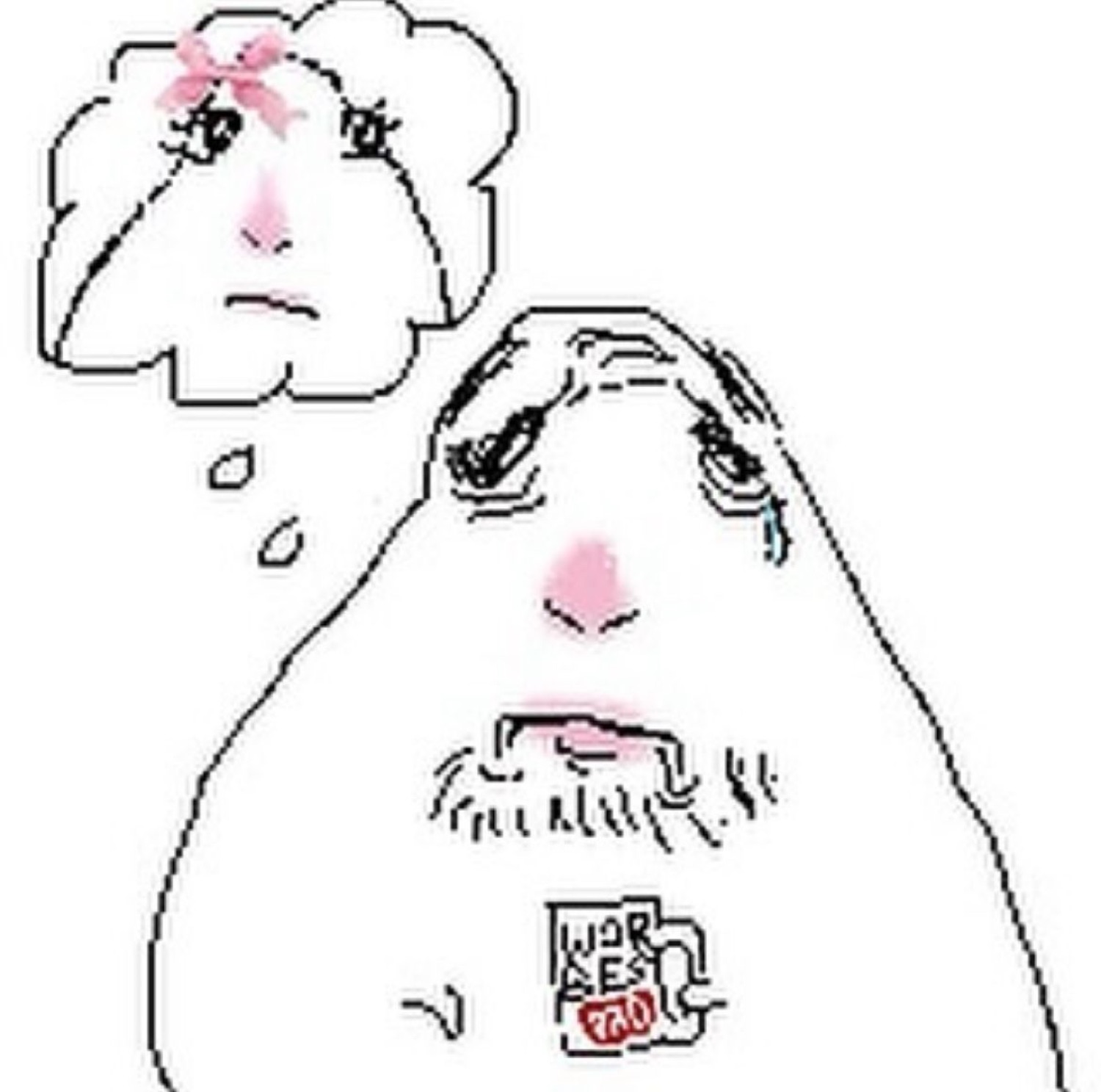 Crude drawing of a teary blobby face dreaming of a cuter version of itself with a bow