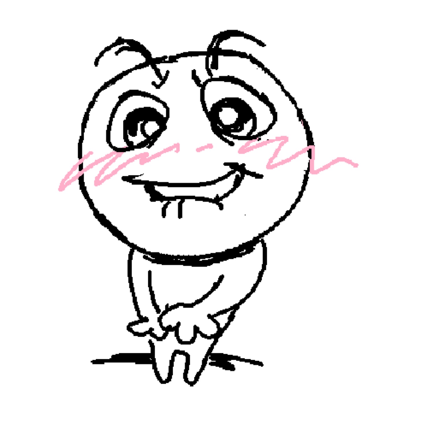 Cute cartoon round character with pink blush lines and a cheeky grin, looking bashful