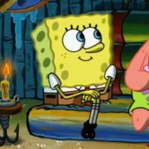 SpongeBob giving a satisfied smirk and wink by candlelight with Patrick nearby